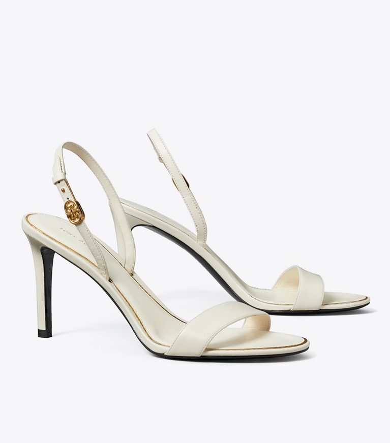Tory Burch designer sandals Double T Buckle Heeled Sandal in LIGHT CREAM angle