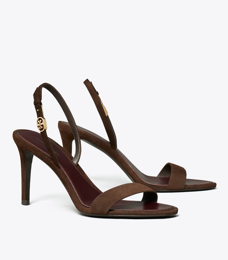 Tory Burch designer sandals Double T Buckle Heeled Sandal in DARK COCOA angle