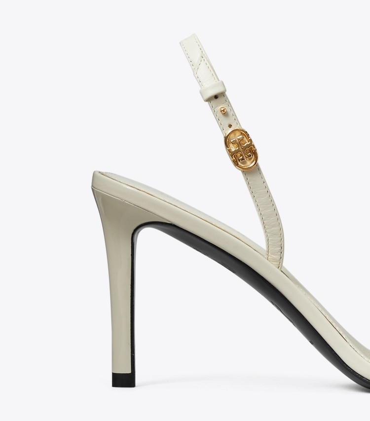 Tory Burch designer sandals Double T Buckle Heeled Sandal in LIGHT CREAM detail