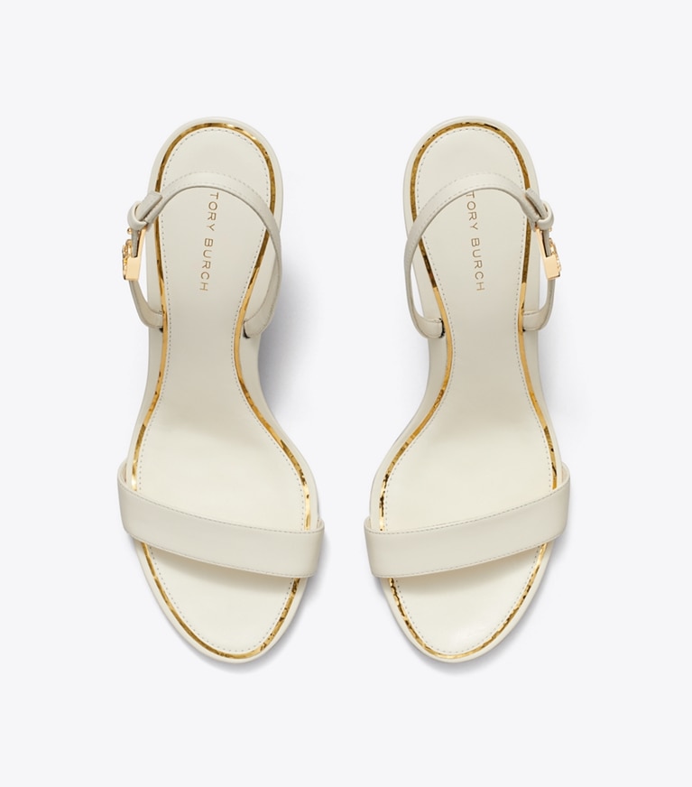 Tory Burch designer sandals Double T Buckle Heeled Sandal in LIGHT CREAM angle