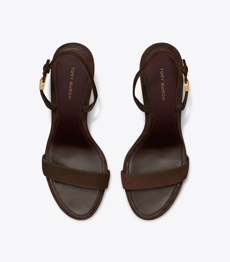 Tory Burch designer sandals Double T Buckle Heeled Sandal in DARK COCOA overhead