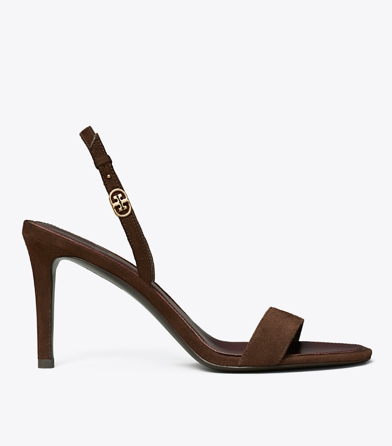 Tory Burch designer sandals Double T Buckle Heeled Sandal in DARK COCOA angle