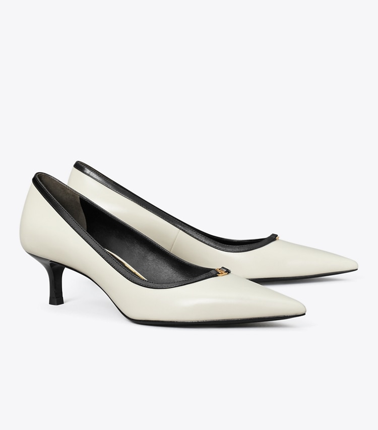 Tory Burch designer heels Double T Buckle Kitten Heel Pump in LIGHT CREAM / PERFECT BLACK angle