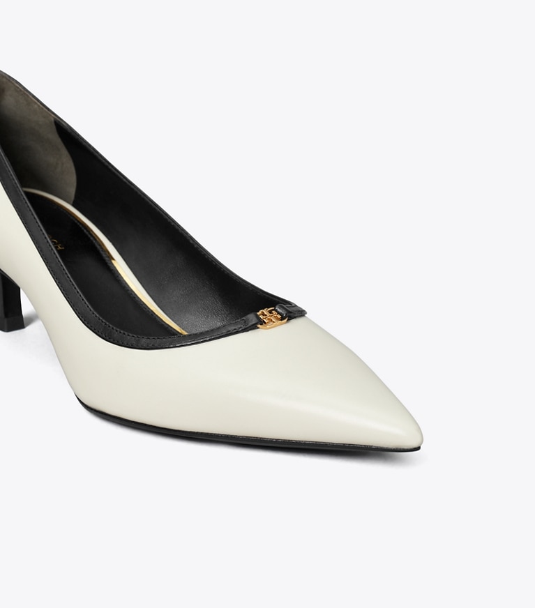 Tory Burch designer heels Double T Buckle Kitten Heel Pump in LIGHT CREAM / PERFECT BLACK angle