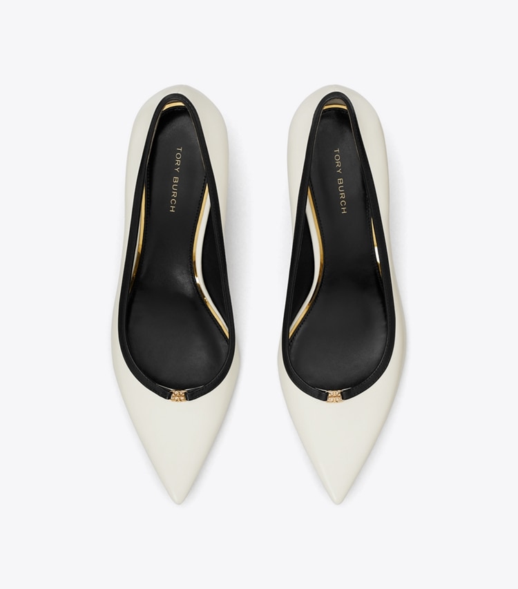 Tory Burch designer heels Double T Buckle Kitten Heel Pump in LIGHT CREAM / PERFECT BLACK overhead