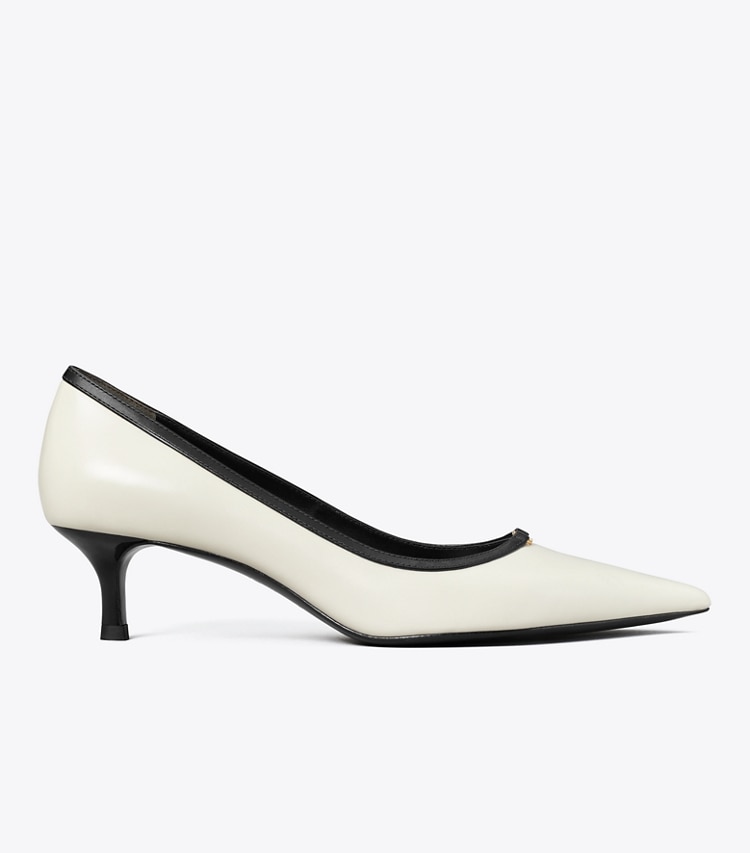 Tory Burch designer heels Double T Buckle Kitten Heel Pump in LIGHT CREAM / PERFECT BLACK side