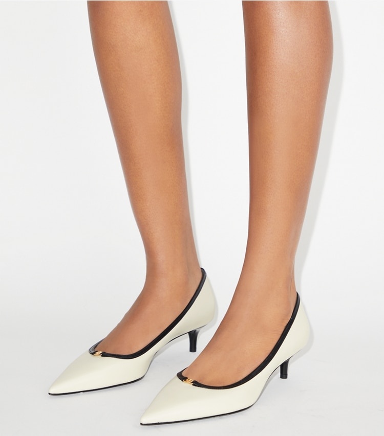 Tory Burch designer heels Double T Buckle Low-Heeled Pump in LIGHT CREAM / PERFECT BLACK accessory on model