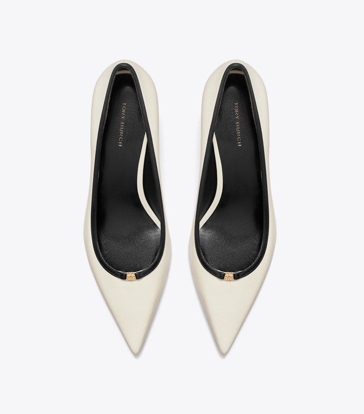 Tory Burch designer heels Double T Buckle Low-Heeled Pump in LIGHT CREAM / PERFECT BLACK overhead