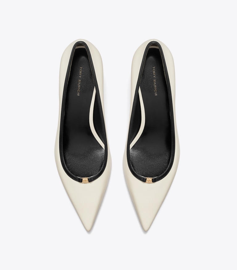 Tory Burch designer heels Double T Buckle Low-Heeled Pump in LIGHT CREAM / PERFECT BLACK angle