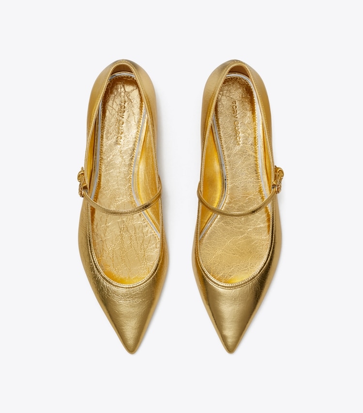 Tory Burch designer flats Double T Buckle Mary Jane in SPARK GOLD overhead