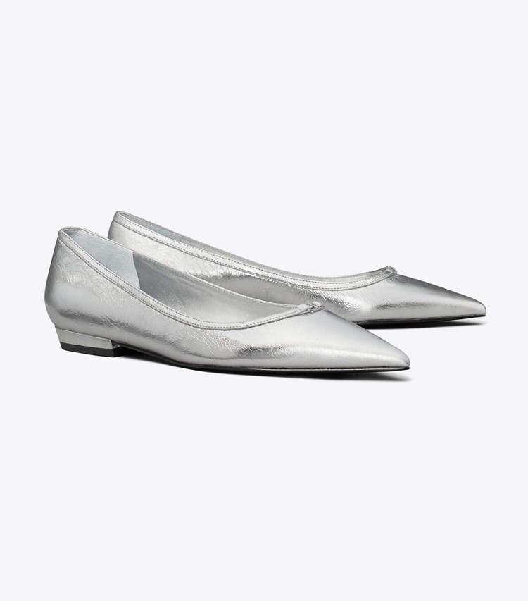 Tory Burch designer flats Double T Buckle Pointed-Toe Flat in SHINY SILVER angle
