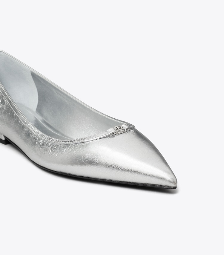 Tory Burch designer flats Double T Buckle Pointed-Toe Flat in SHINY SILVER detail