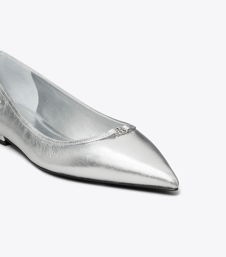 Tory Burch designer flats Double T Buckle Pointed-Toe Flat in SHINY SILVER angle
