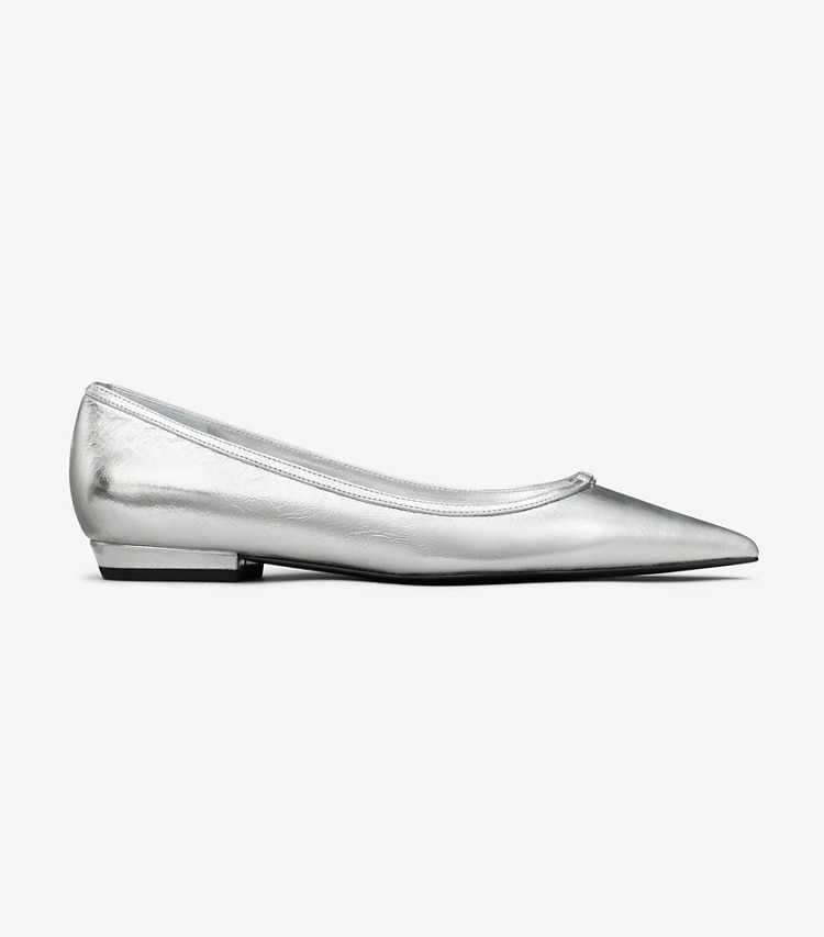 Tory Burch designer flats Double T Buckle Pointed-Toe Flat in SHINY SILVER side
