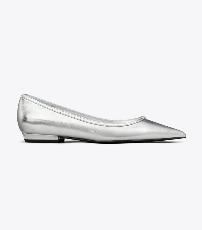 Tory Burch designer flats Double T Buckle Pointed-Toe Flat in SHINY SILVER angle