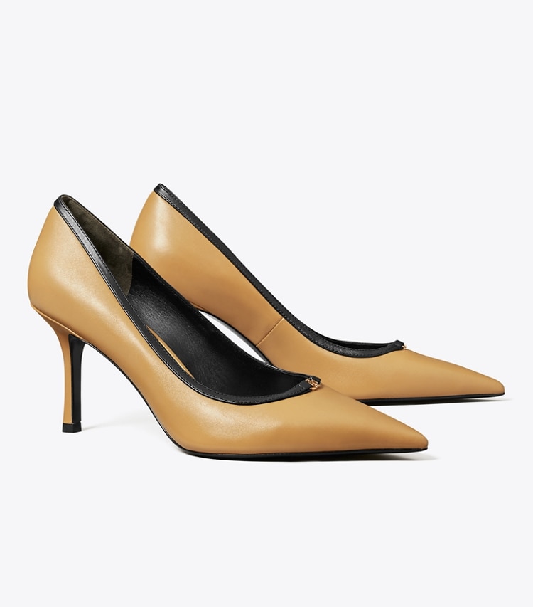 Tory Burch designer heels Double T Buckle Pump in GINGER SHORTBREAD / LIGHT CREAM angle