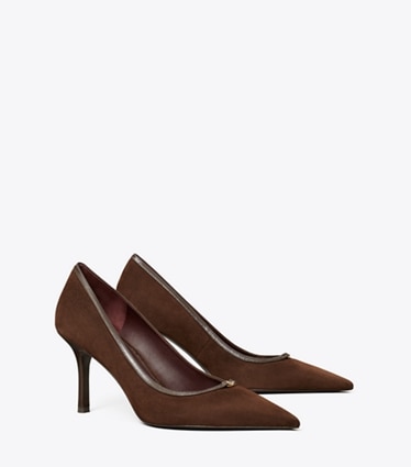 Tory Burch designer heels Double T Buckle Pump in DARK COCOA / DARK COCOA angle