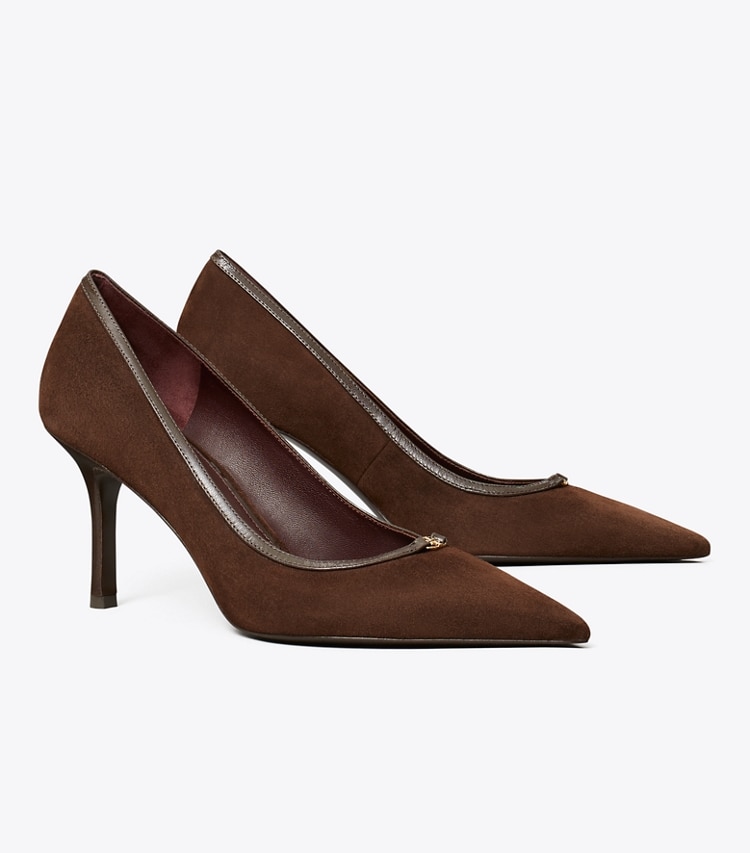 Tory Burch designer heels Double T Buckle Pump in DARK COCOA / DARK COCOA angle