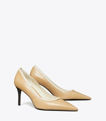 Tory Burch designer heels Double T Buckle Pump in DESERT MIST / LIGHT CREAM angle