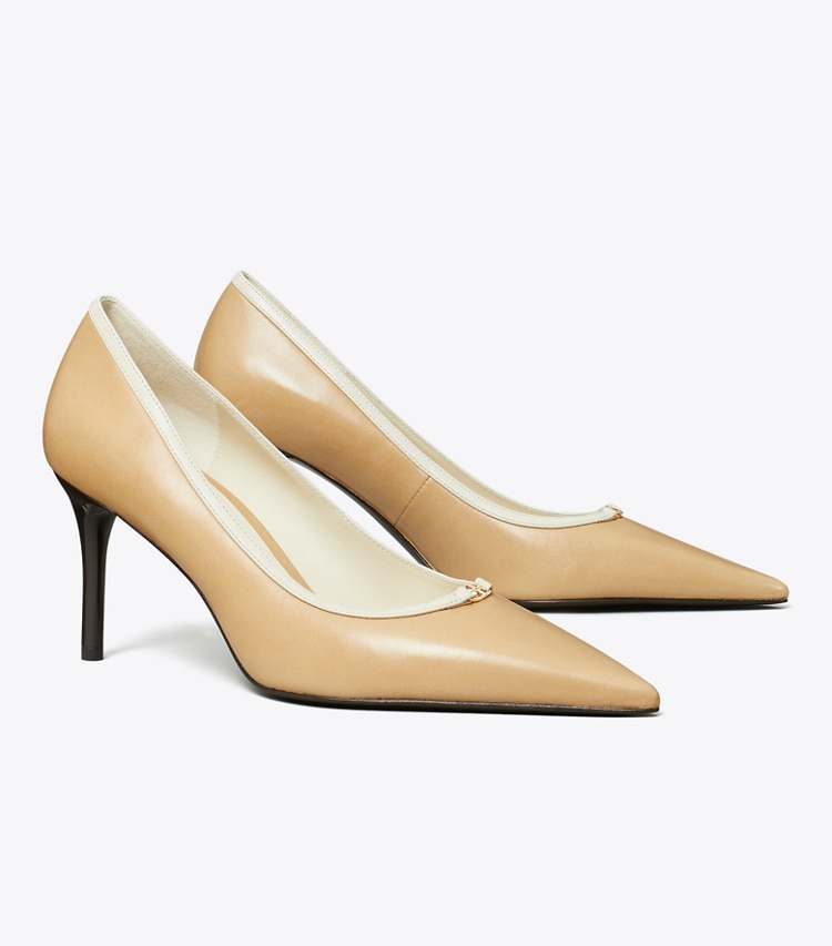 Tory Burch designer heels Double T Buckle Pump in DESERT MIST / LIGHT CREAM angle