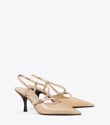 Tory Burch designer heels Double T Buckle Pump in SAND angle