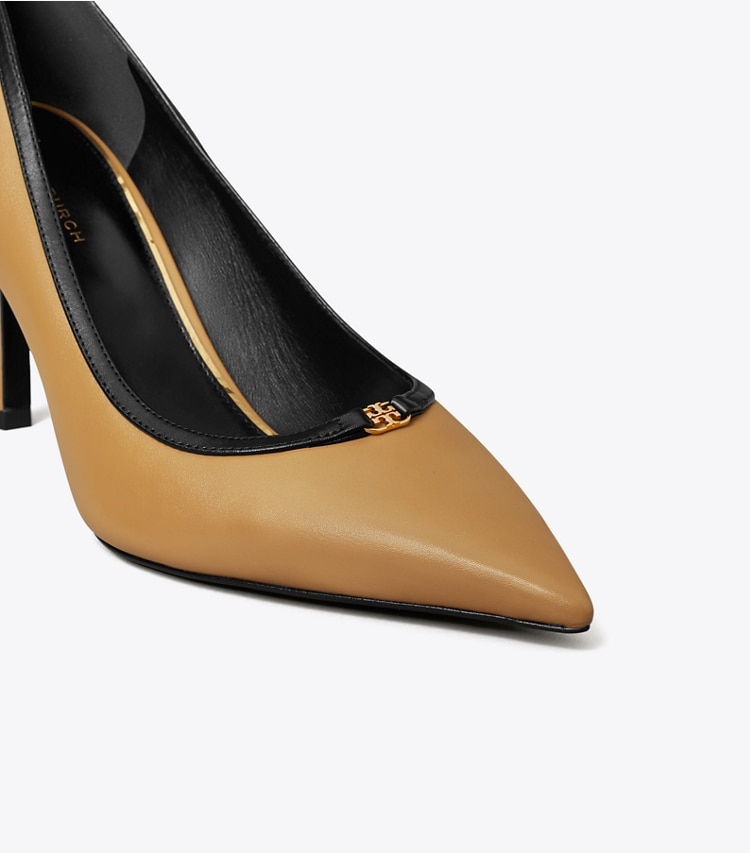 Tory Burch designer heels Double T Buckle Pump in GINGER SHORTBREAD / LIGHT CREAM detail