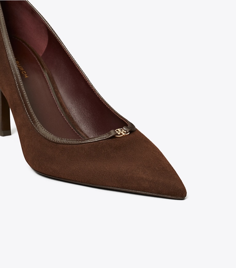 Tory Burch designer heels Double T Buckle Pump in DARK COCOA / DARK COCOA angle