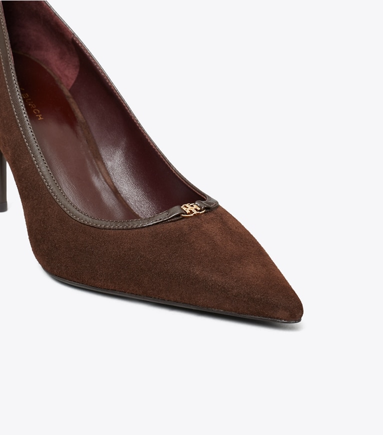 Tory Burch designer heels Double T Buckle Pump in DARK COCOA / DARK COCOA angle