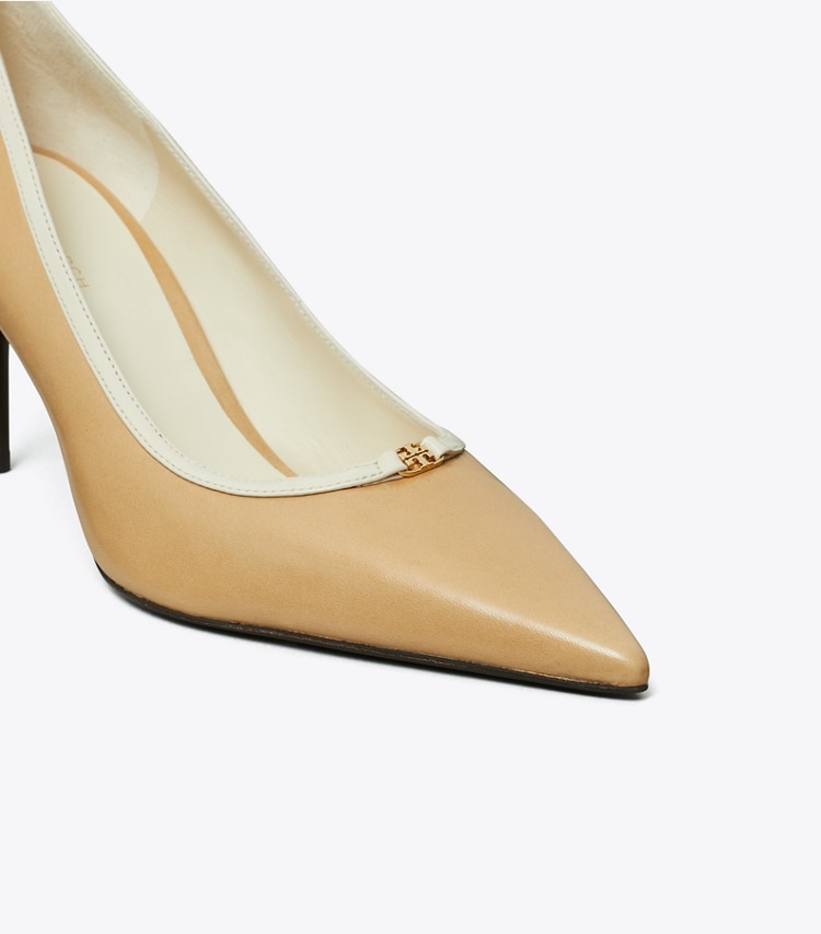 Tory Burch designer heels Double T Buckle Pump in DESERT MIST / LIGHT CREAM detail
