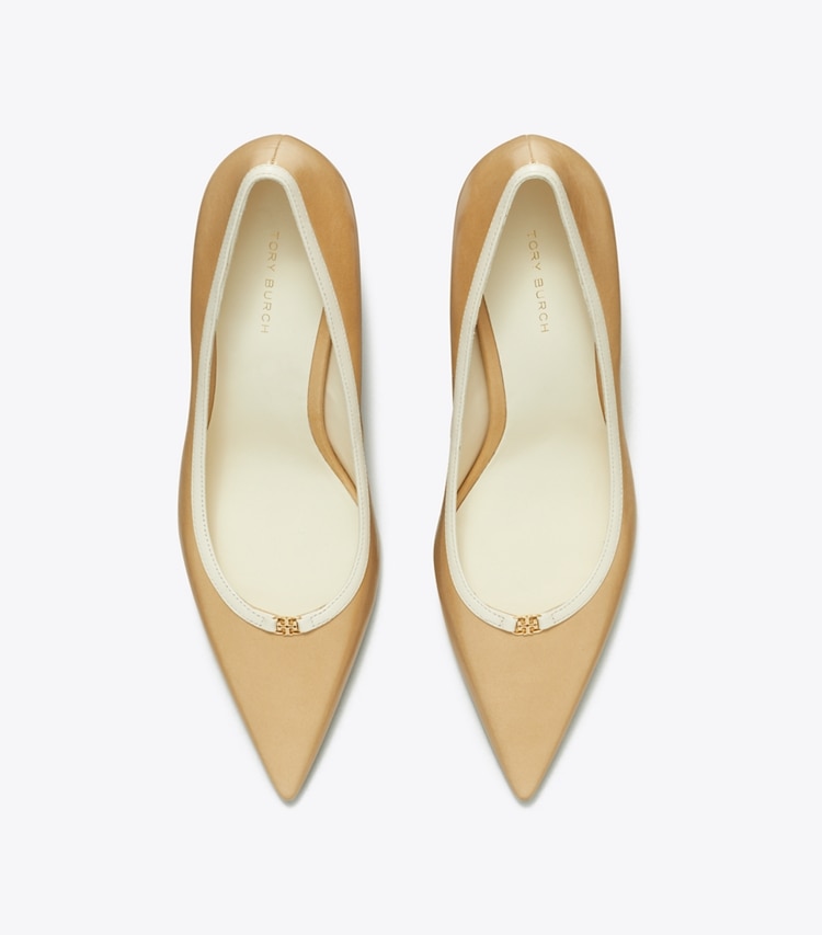Tory Burch designer heels Double T Buckle Pump in DESERT MIST / LIGHT CREAM overhead