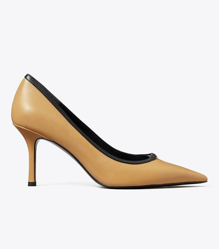 Tory Burch designer heels Double T Buckle Pump in GINGER SHORTBREAD / LIGHT CREAM side