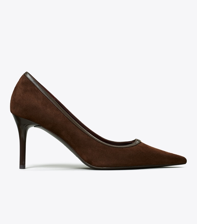 Tory Burch designer heels Double T Buckle Pump in DARK COCOA / DARK COCOA angle