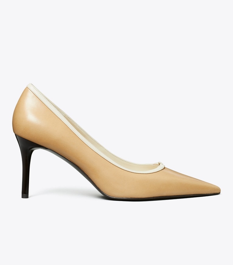 Tory Burch designer heels Double T Buckle Pump in DESERT MIST / LIGHT CREAM angle