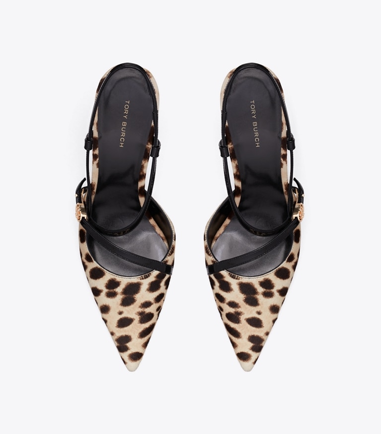 Tory Burch designer heels Double T Buckle Strap Pump in CHEETAH SPOTS overhead