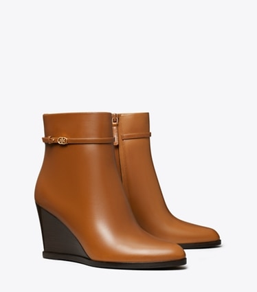 Tory Burch designer ankle boots Double T Buckle Wedge Boot in SIERRA COGNAC angle