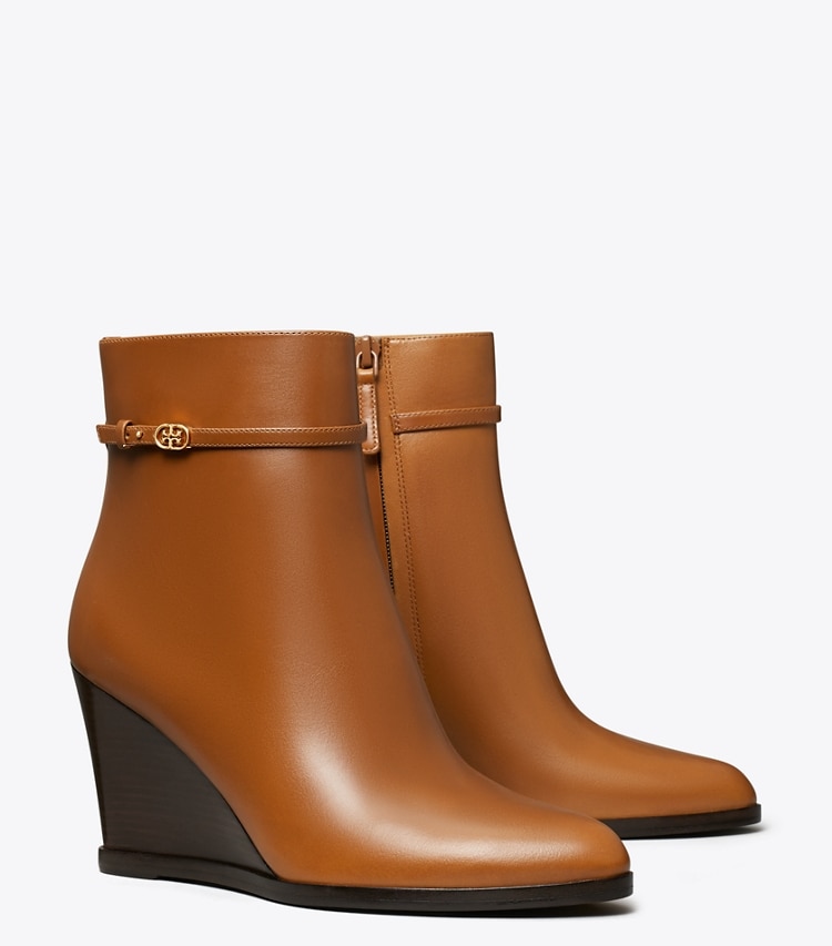 Tory Burch designer ankle boots Double T Buckle Wedge Boot in SIERRA COGNAC angle