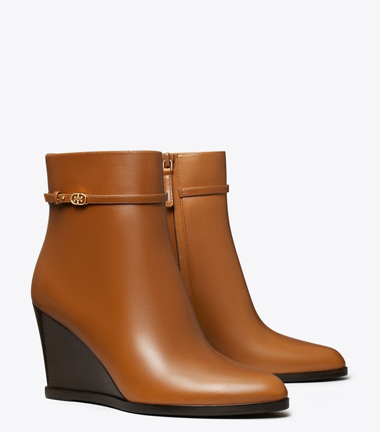 Tory Burch designer ankle boots Double T Buckle Wedge Boot in SIERRA COGNAC angle