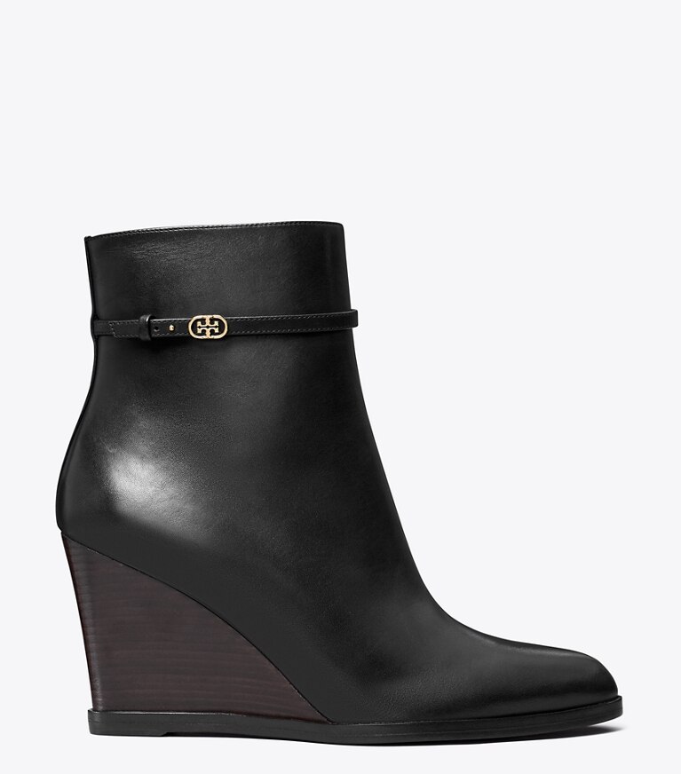 Black leather wedge booties hotsell