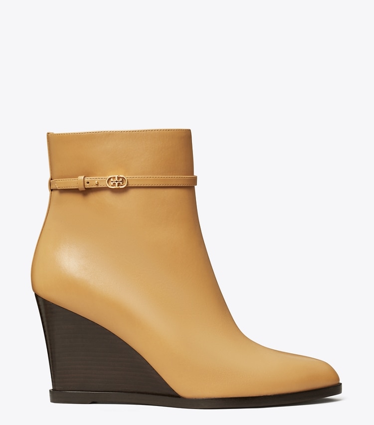 Tory Burch designer ankle boots Double T Buckle Wedge Boot in GINGER SHORTBREAD side