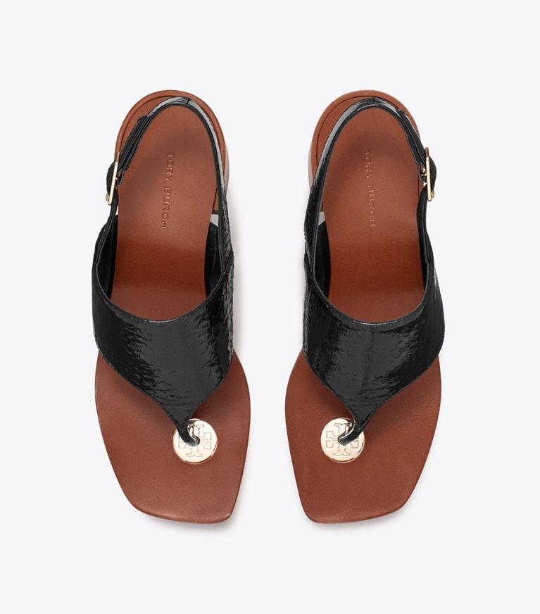 Tory Burch designer sandals Double T Coin Heeled Sandal in PERFECT BLACK overhead