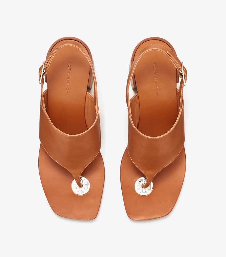 Tory Burch designer sandals Double T Coin Heeled Sandal in TAN overhead