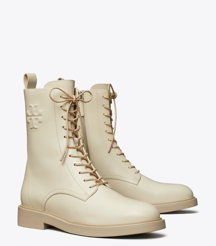 Tory Burch designer ankle boots Double T Combat Boot in LIGHT CREAM angle