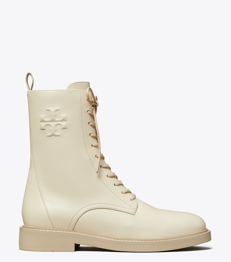 Tory Burch designer ankle boots Double T Combat Boot in LIGHT CREAM angle