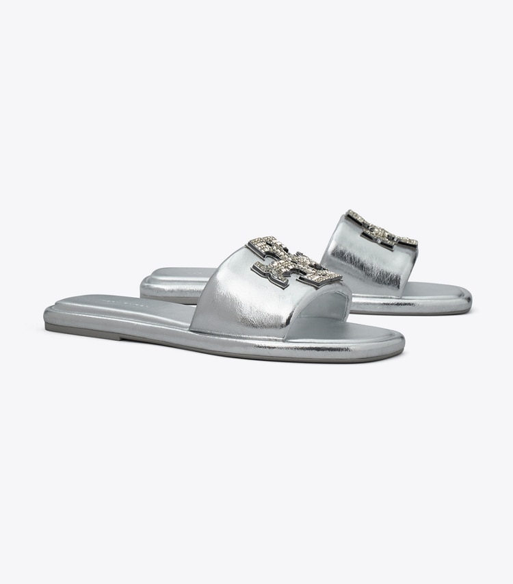 Tory Burch designer sandals Double T Deco Sport Slide in SILVER angle