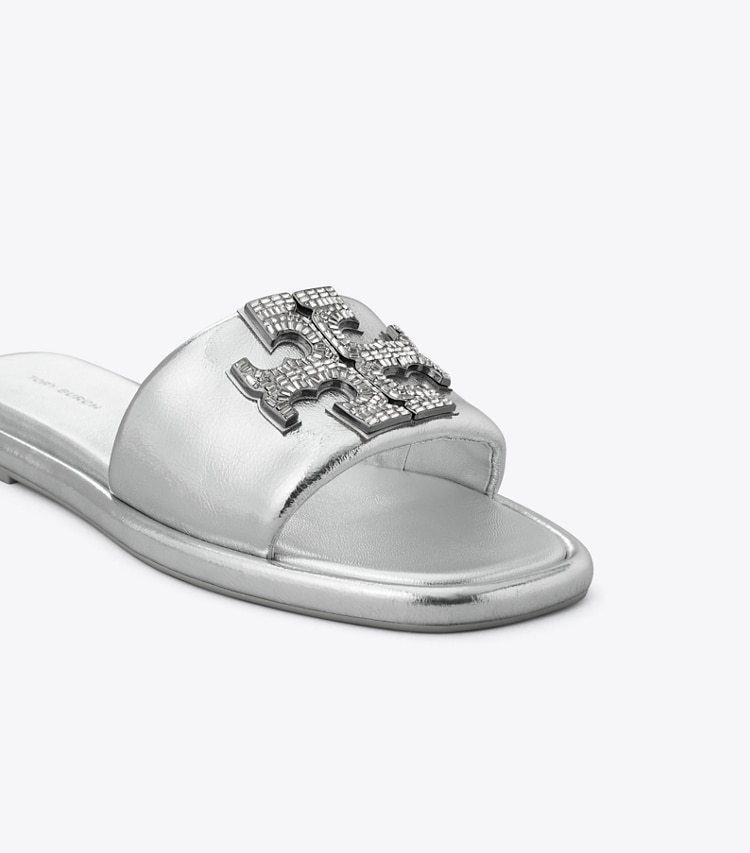Tory Burch designer sandals Double T Deco Sport Slide in SILVER detail