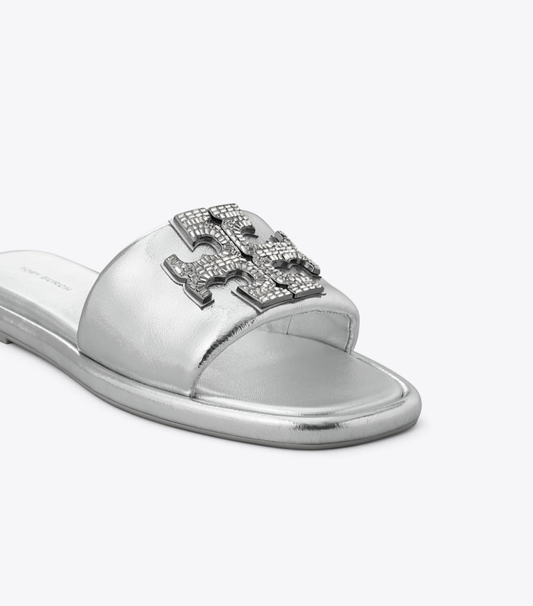 Tory Burch designer sandals Double T Deco Sport Slide in SILVER angle
