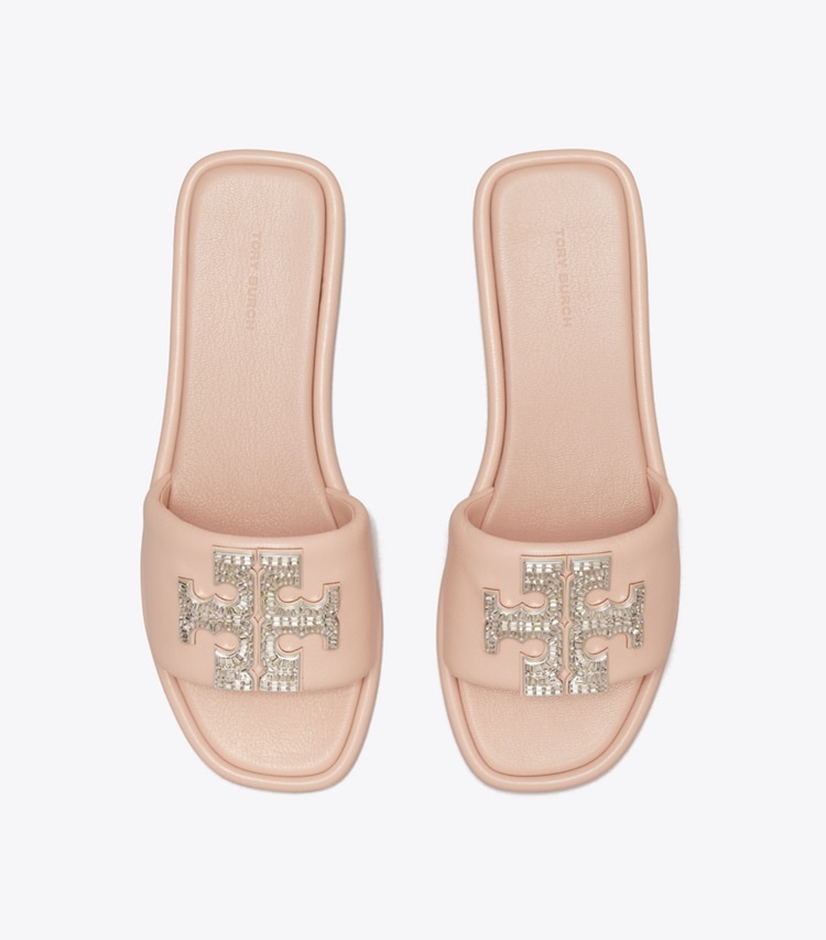 Tory Burch designer sandals Double T Deco Sport Slide in SHELL ROSE PINK overhead