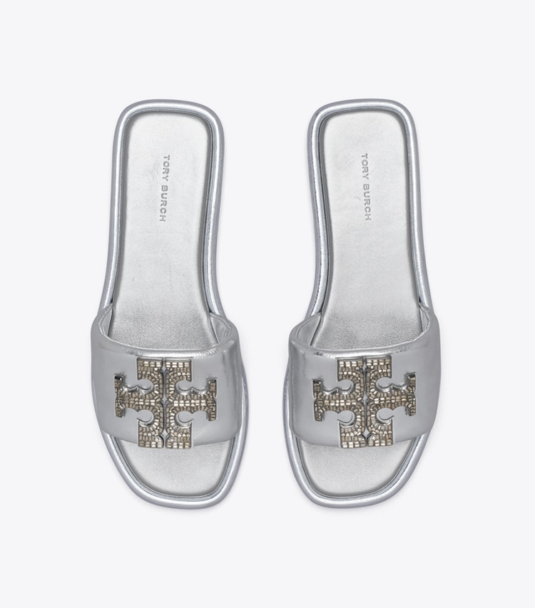 Tory Burch designer sandals Double T Deco Sport Slide in SILVER overhead