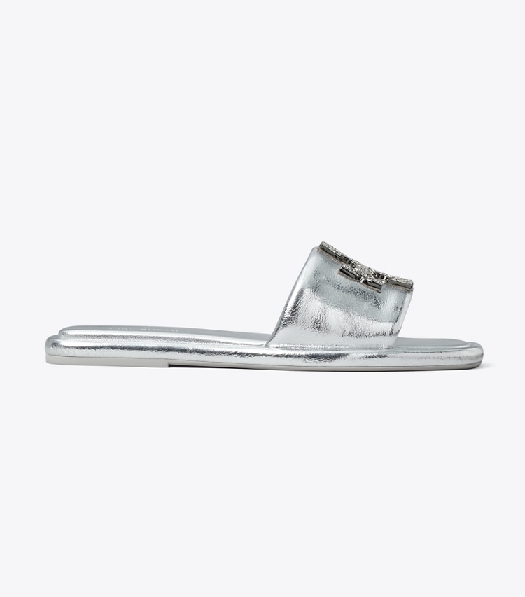 Tory Burch designer sandals Double T Deco Sport Slide in SILVER side