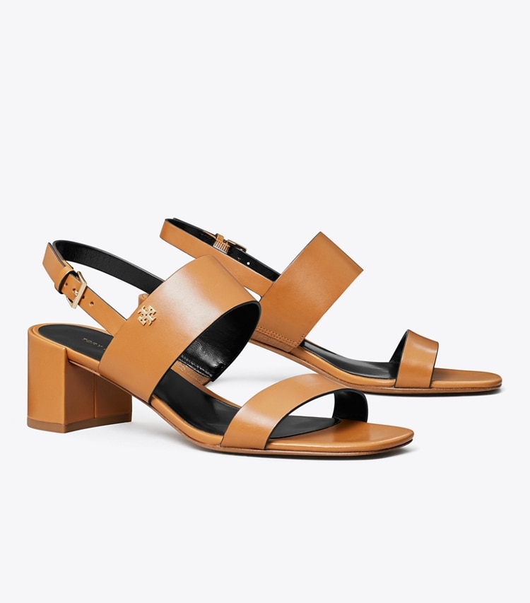 Tory Burch designer sandals Double T Heeled Sandal in CARAMEL CORN / PERFECT BLACK angle